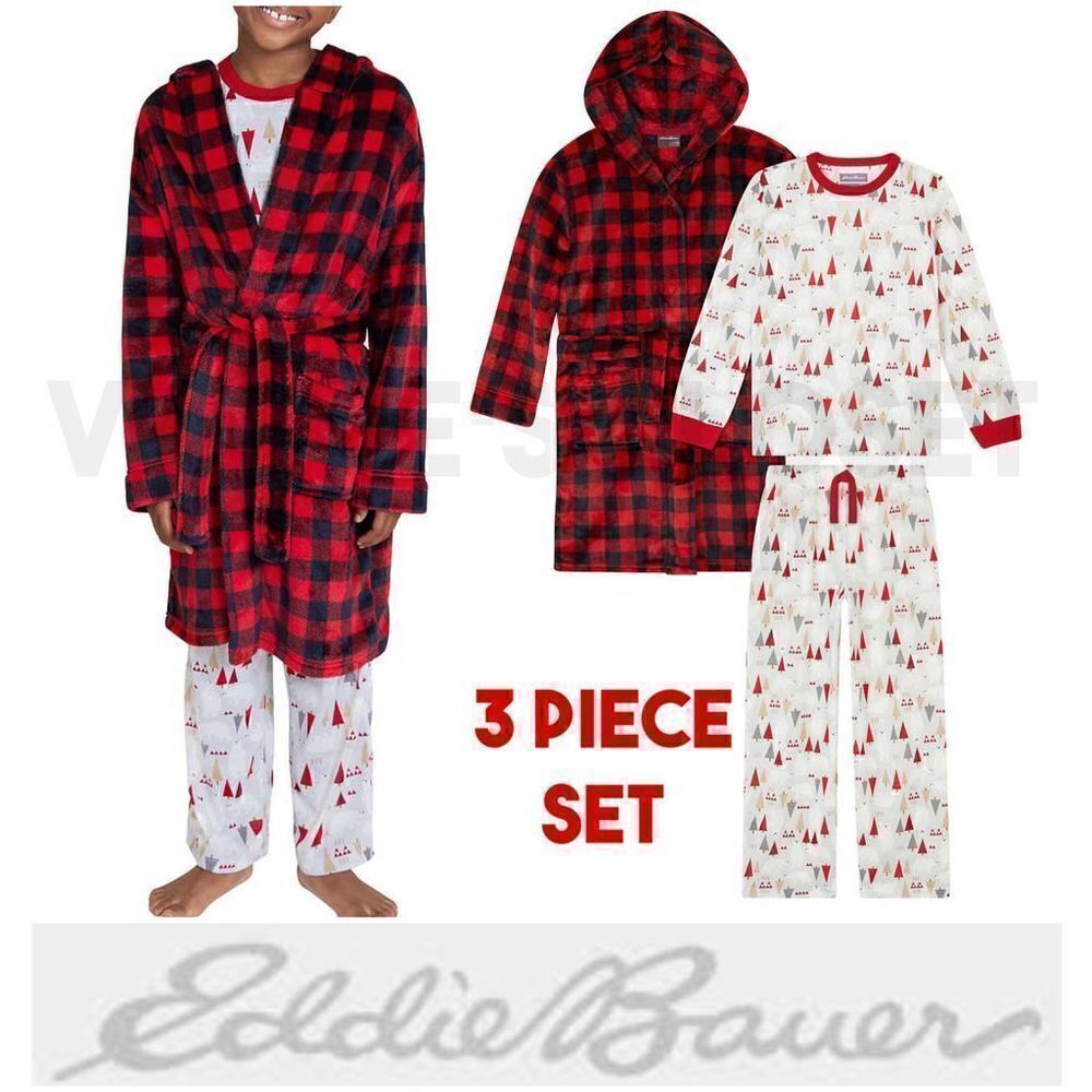 NEW! Eddie Bauer Youth 3 piece PJ Set, LS Top, Pant and Robe, Polar Bear Unisex